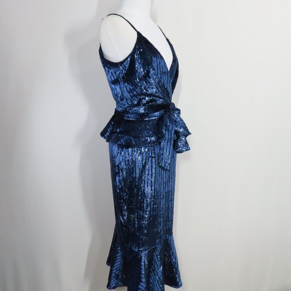 Yumi Kim Midnight Winkle Blue Metallic Striped Velvet Dynasty Dress Size Small - Picture 2 of 9